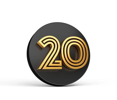 Royal Gold Modern Font. Elite 3D Digit Letter 20 Twenty on Black 3d button icon 3d Illustration photo