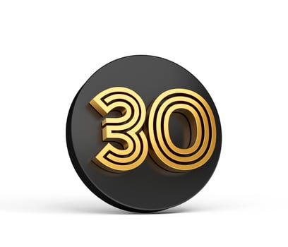 Royal Gold Modern Font. Elite 3D Digit Letter 30 Thirty on Black 3d button icon 3d Illustration photo