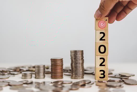 Hand hold wood cube block target 2023 and money coin financial business economy investment and management accounting on table concept. photo