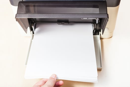 putting of white paper sheets in printer tray photo
