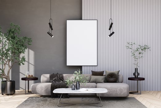 mock up poster frame in modern interior fully furnished rooms background, living room, Scandinavian style photo