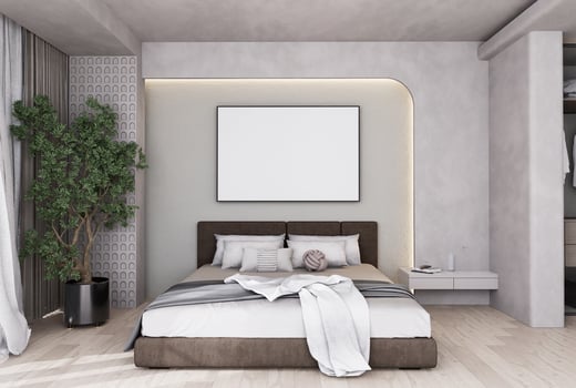 mock up poster frame in modern interior fully furnished rooms background, bedroom, photo