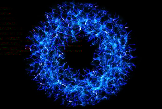 Futuristic blue donut filed with sparkle violet white line - computer illustration graphic science technology background concept photo