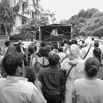 New Delhi, India July 01 2022 - A huge gathering of devotees from different parts of Delhi on the occasion of ratha yatra or rathyatra. Rath for Lord Jagannath pulled by people, Jagannath Rath Yatra photo