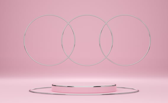 podium empty with geometric shapes in pink pastel composition for modern stage display and minimalist mockup ,abstract showcase background ,Concept 3d illustration or 3d render photo