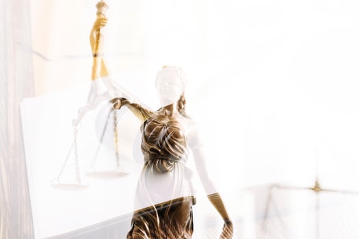 Business and lawyers discussing contract papers with brass scale on desk in office. Law, legal services, advice, justice and law concept picture with film grain effect photo