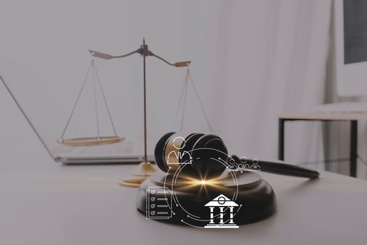Business and lawyers discussing contract papers with brass scale on desk in office. Law, legal services, advice, justice and law concept picture with film grain effect photo