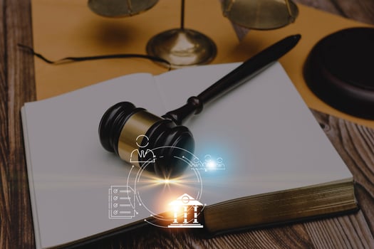 Business and lawyers discussing contract papers with brass scale on desk in office. Law, legal services, advice, justice and law concept picture with film grain effect photo