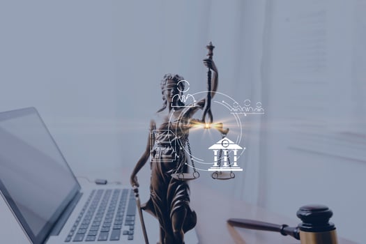 Business and lawyers discussing contract papers with brass scale on desk in office. Law, legal services, advice, justice and law concept picture with film grain effect photo