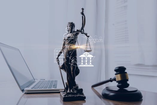 Business and lawyers discussing contract papers with brass scale on desk in office. Law, legal services, advice, justice and law concept picture with film grain effect photo