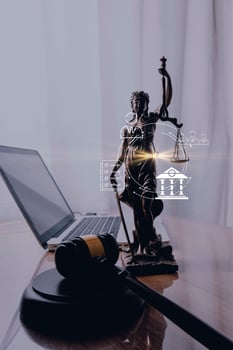 Business and lawyers discussing contract papers with brass scale on desk in office. Law, legal services, advice, justice and law concept picture with film grain effect photo