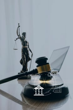 justice and law concept.Male judge in a courtroom on wooden table and Counselor or Male lawyer working in office. Legal law, advice and justice concept. photo