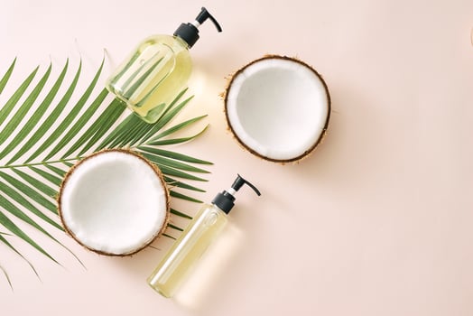 Shampoo and spray coconut hair care. Natural cosmetics homemade mask. Coconut oil and scrub. Spa and wellness. Homemade beauty products. Healthy lifestyle. photo