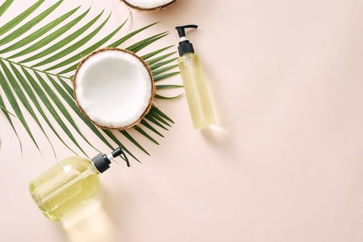 Shampoo and spray coconut hair care. Natural cosmetics homemade mask. Coconut oil and scrub. Spa and wellness. Homemade beauty products. Healthy lifestyle. photo