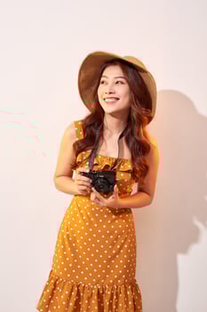 Portrait of cheerful smiling young woman taking photo with inspiration and wearing summer dress. Girl holding retro camera. Model posing on beige background in hat