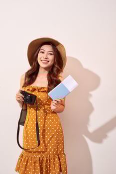 Portrait of a happy young woman in hat holding camera and showing passport while standing isolated over beige background photo