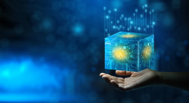 Businessman hand holding Cube computing technology. Cloud data and Internet Security. photo