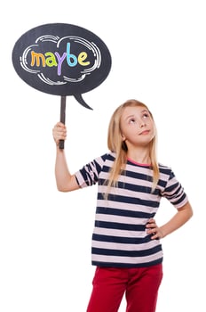 Maybe... Thoughtful little girl holding speech bubble and looking up while standing against white background photo