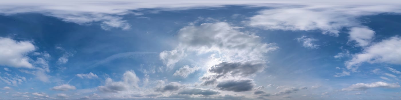 Seamless blue sky hdri panorama 360 degrees angle view with zenith and beautiful clouds for use in 3d graphics as sky dome or edit drone shot photo