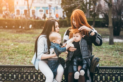 Two moms and their two boys posing on camera photo
