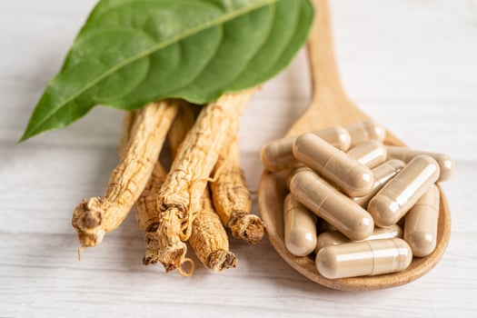 Ginseng, dried vegetable herb. Healthy food famous export food in Korea country. photo