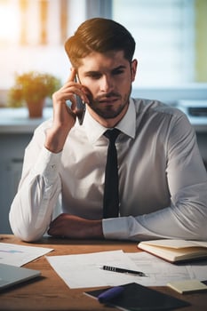 Bad news. Pensive young handsome man talking on mobile phone while sitting at his working place photo