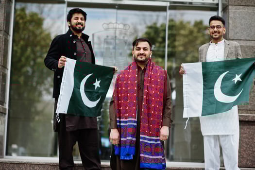 Group of pakistani man wearing traditional clothes salwar kameez or kurta with Pakistan flags. photo
