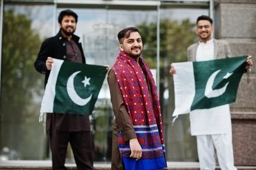 Group of pakistani man wearing traditional clothes salwar kameez or kurta with Pakistan flags. photo