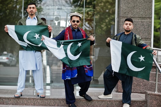 Group of pakistani man wearing traditional clothes salwar kameez or kurta with Pakistan flags. photo