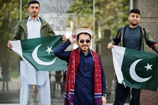 Group of pakistani man wearing traditional clothes salwar kameez or kurta with Pakistan flags. photo