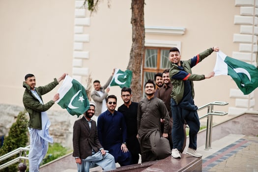 Group of pakistani man wearing traditional clothes salwar kameez or kurta with Pakistan flags. photo