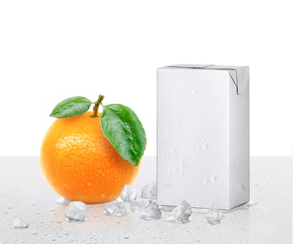 Fresh orange fruits and Packages box having drops water photo