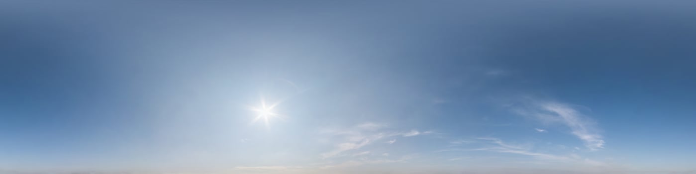 clear blue sky with white beautiful clouds. Seamless hdri panorama 360 degrees angle view  with zenith for use in 3d graphics or game development as sky dome or edit drone shot photo