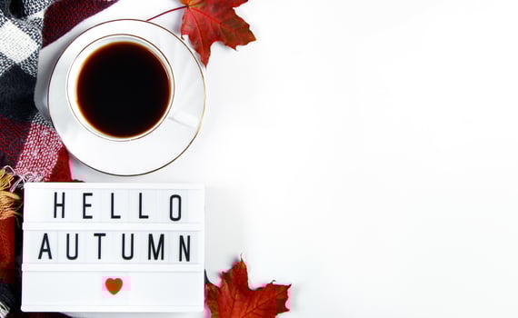 Hello autumn concept. Cup of hot espresso coffee and fallen red leaves on white background. Warm plaid and drink for cold weather. photo