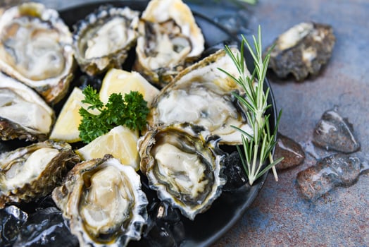 Fresh oysters seafood on a black plate background - Open oyster shell with herb spices lemon rosemary served table and ice healthy sea food raw oyster dinner in the restaurant gourmet food photo