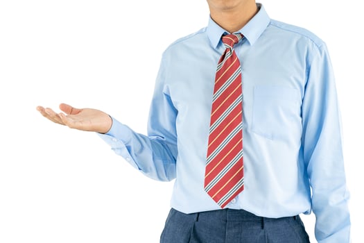 Male wearing blue shirt reaching hand out with clipping path photo