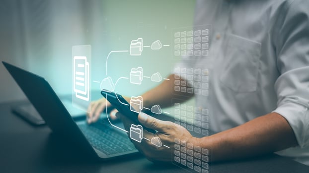 Businesspeople manage corporate document databases through the cloud, cyberspace technology concepts and large, paperless archives of important and large documents, file management and online storage photo