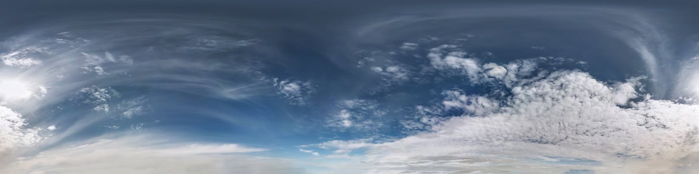Seamless blue sky hdri panorama 360 degrees angle view with beautiful clouds for use in 3d graphics or game development as sky dome or edit drone shot photo