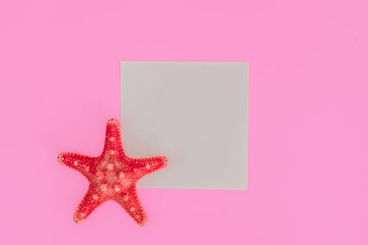 Red starfish on light pink background with copy space. summer holiday and vacation concept photo