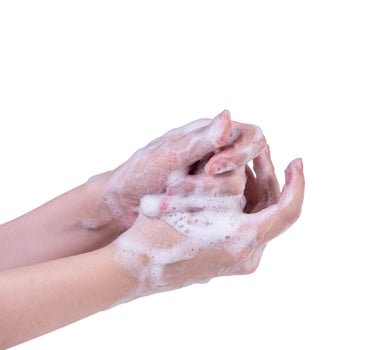 Washing hand step instruction isolated on white background. Asian young woman using liquid soap, concept of protecting pandemic coronavirus, close up. photo