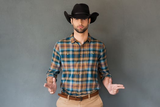 Hands up Handsome young man wearing cowboy hat and gesturing while standing against grey background photo