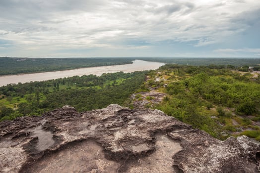 Mekong river the nature border between Thailand and Laos scenery view from Pha Taem National Park in Ubonratchathani province of Thailand. photo