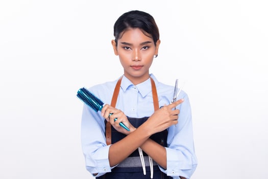 Hairdresser Salon show hand with professional scissor haircut to make beauty to woman client in barber shop. Coiffure comb set style to long hair head and cut work as hairstylist over white background photo