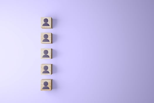 Wooden blocks with people icon on purple background, 3D render illustration. photo