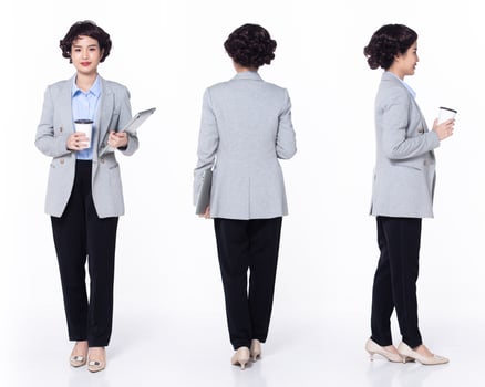 Full length 30s 40s Asian Woman teacher manager business, 360 turn front side back rear photo