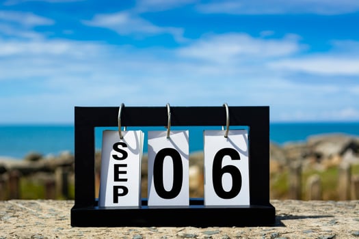 Sep 06 calendar date text on wooden frame with blurred background of ocean. photo