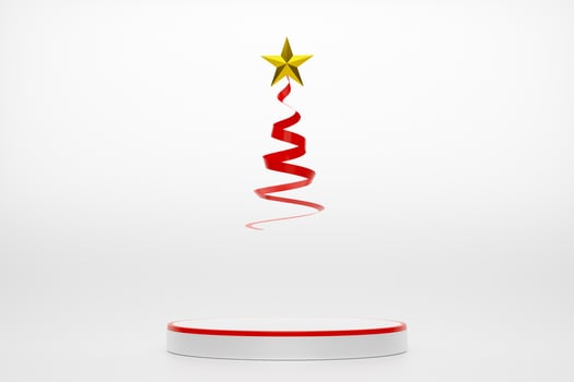 Podium empty and Christmas tree with gift box and ornaments in white composition for modern stage display and minimalist mockup ,Concept Christmas and a festive New Year, 3d illustration or 3d render photo
