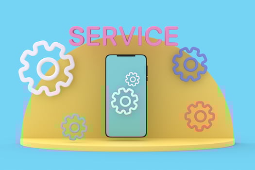 Modern smartphone on catwalk surrounded by gears with inscription SERVICE. 3D rendering. photo