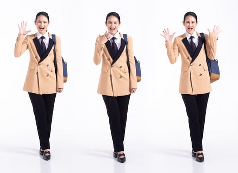 Full length 20s young Mix Race Woman business salesman backpacks, wow surprise palm hand, wear formal blazer and shoes. Office female stands feels happy smile over white background isolated photo