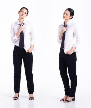 Full length 20s young caucasian Woman  bartender worker employee, boring emotion tire, wear formal necktie and shirt. Office female stands feels stress over white background isolated photo